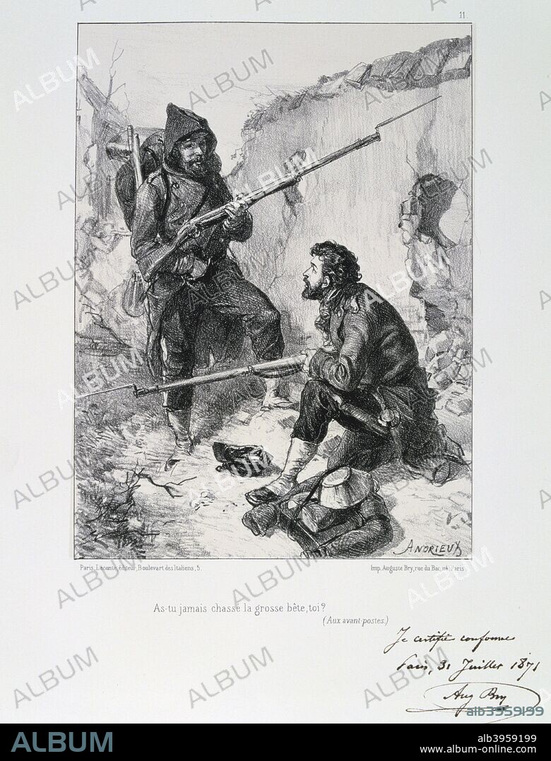 In the trenches, Siege of Paris, Franco-Prussian War, 1870-1871 (1871). After the disastrous defeat of the French at Sedan and the capture of Napoleon III, the Prussians surrounded Paris on 9 September 1870. The city held out despite famine, disease and cold until a bombardment with heavy siege guns led to its surrender on 28 January 1871. From a private collection.