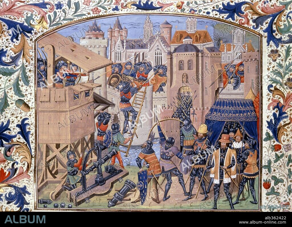 Hundred Years War between France and England 1339-1453, Siege of Ribodane with cannon and Longbow from Chronicles of England by Jean de Wavrin, 14-1500.
