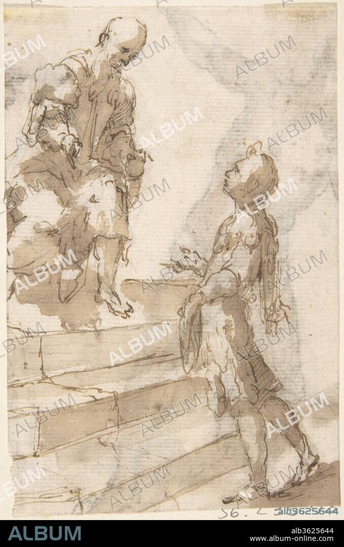 Young Man Approaching Old Bearded Man Who Stands on Steps (recto); Male Nude with Bent Right Knee (verso). Artist: Anonymous, Spanish, School of Seville, 17th century. Dimensions: 6 x 4 in.  (15.3 x 10.1 cm). Date: 17th century.