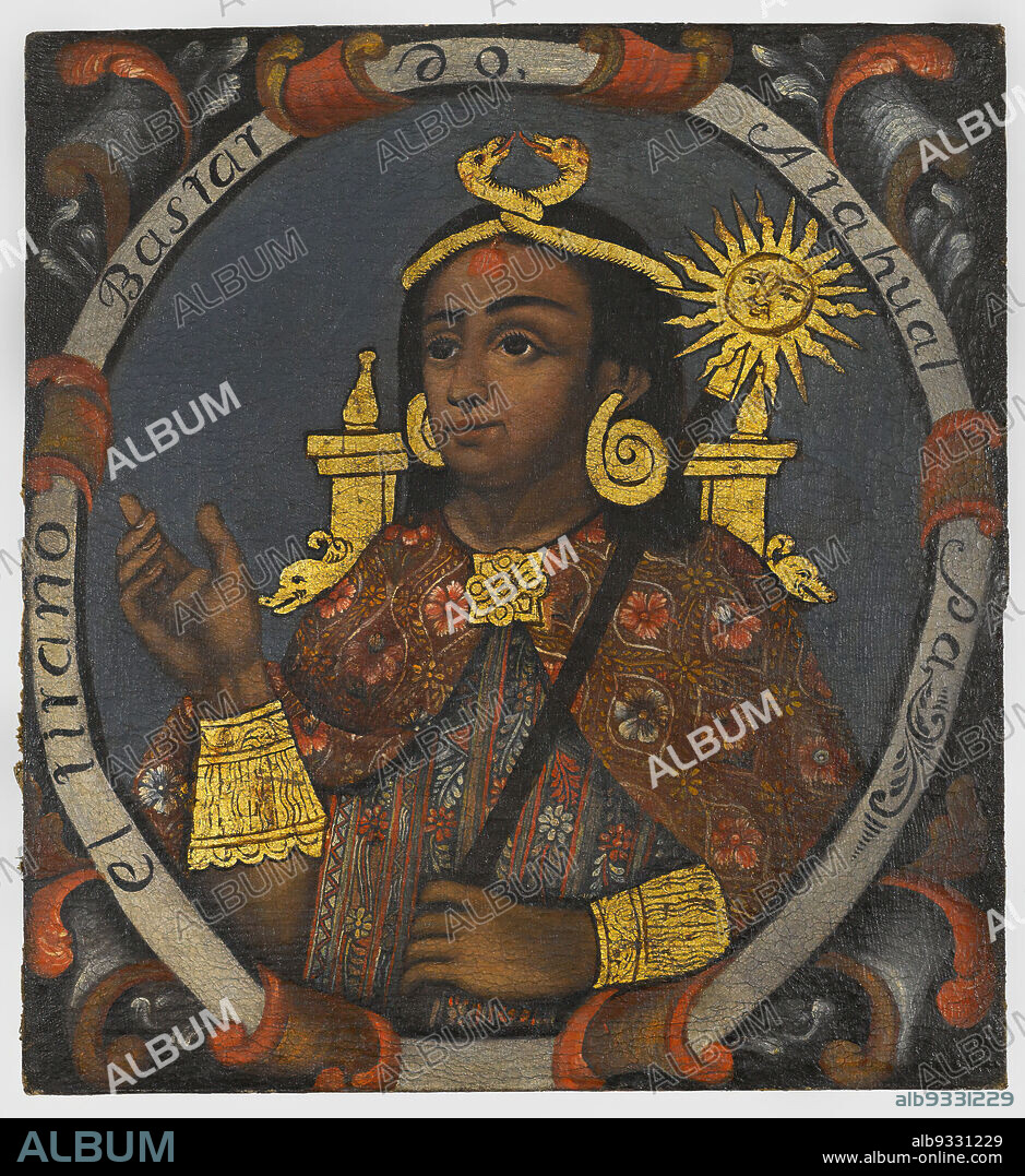Atahualpa, Fourteenth Inca, 1 of 14 Portraits of Inca Kings, Peruvian, Oil on canvas, Peru, Probably mid-18th century, Colonial Period, 23 5/8 x 21 3/4in., 60 x 55.2cm, armbands, Conquest, costume, Cuzco, earspools, gilded, headdress, hispanic heritage, historical, inca, inscription, king, latin american art, leader, oil on canvas, painting, portrait, power, pre-colonial, regal, royalty, ruler, sceptre, snake, society, spanish american art, Spanish Colonial, staff, sun, textile.