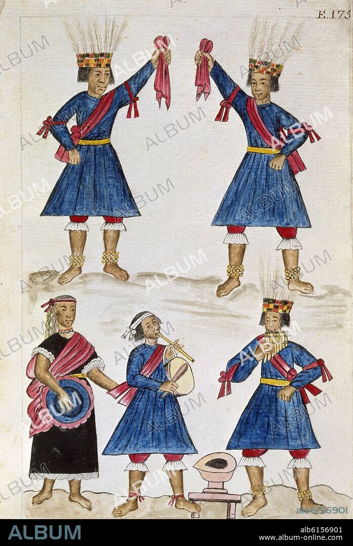 BALTASAR MARTÍNEZ COMPAÑÓN. CODEX TRUJILLO DEL PERU - BOOK II E. 175 - ANOTHER DANCE OF THE INDIANS OF THE MOUNTAIN - WATERCOLOR - 18TH CENTURY.
