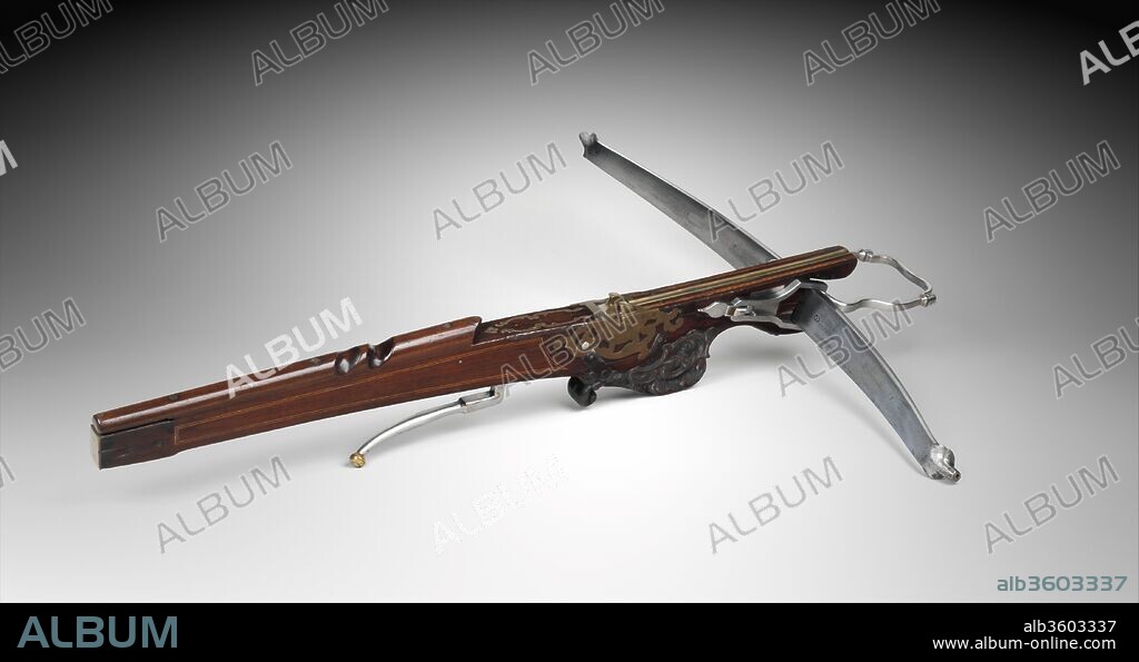 Target Crossbow with Windlass. Culture: probably Belgian or Dutch. Dimensions: crossbow, L. 42 7/16 in. (107.8 cm); W. 31 9/16 in. (81.2 cm); Wt. 17 lb. 7 oz. (7,912 g); windlass, L. upper part only, overall 20 3/8 in. (51.7 cm); W. 16 in. (40.6 cm); Wt. 6 lb. 1 oz. (2,744 g). Date: tiller of crossbow, mid-18th century; bow, probably 19th century; windlass, ca. 1600-1750.