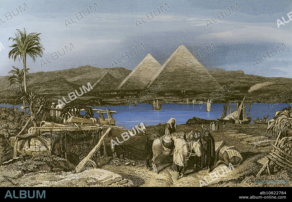 EMILE ROUARGUE (1795-1865). FRENCH ENGRAVER. Egipto. Pirámides desde la orilla del Nilo. Sitio donde estuvo la antigua ciudad de Menfis. Grabado por Emile Rouargue. Coloreado. "La Tierra Santa y los lugares recorridos por los profetas, por los apóstoles y por los cruzados". Publicada en Barcelona, imprenta de Joaquín Verdaguer, 1840.