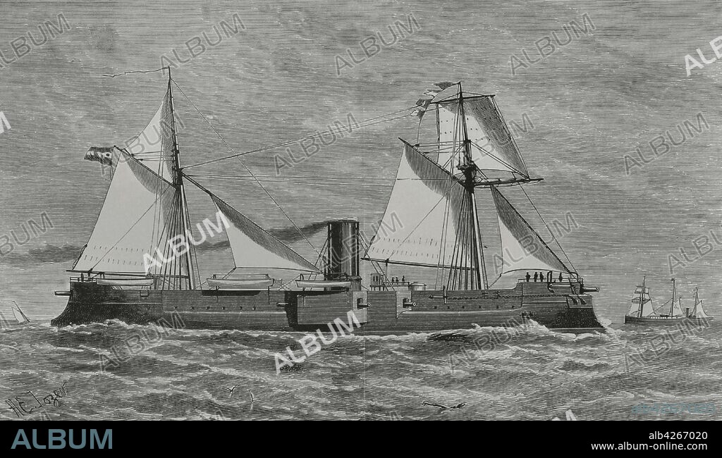 Argentine Navy. ARA Almirante Brown (Admiral Brown). Double helix corvette. Central battery ironclad built in 1880 by Samuda Brothers in London (England). It remained in service until 1932. Engraving. La Ilustracion Espa–ola y Americana, 1881.