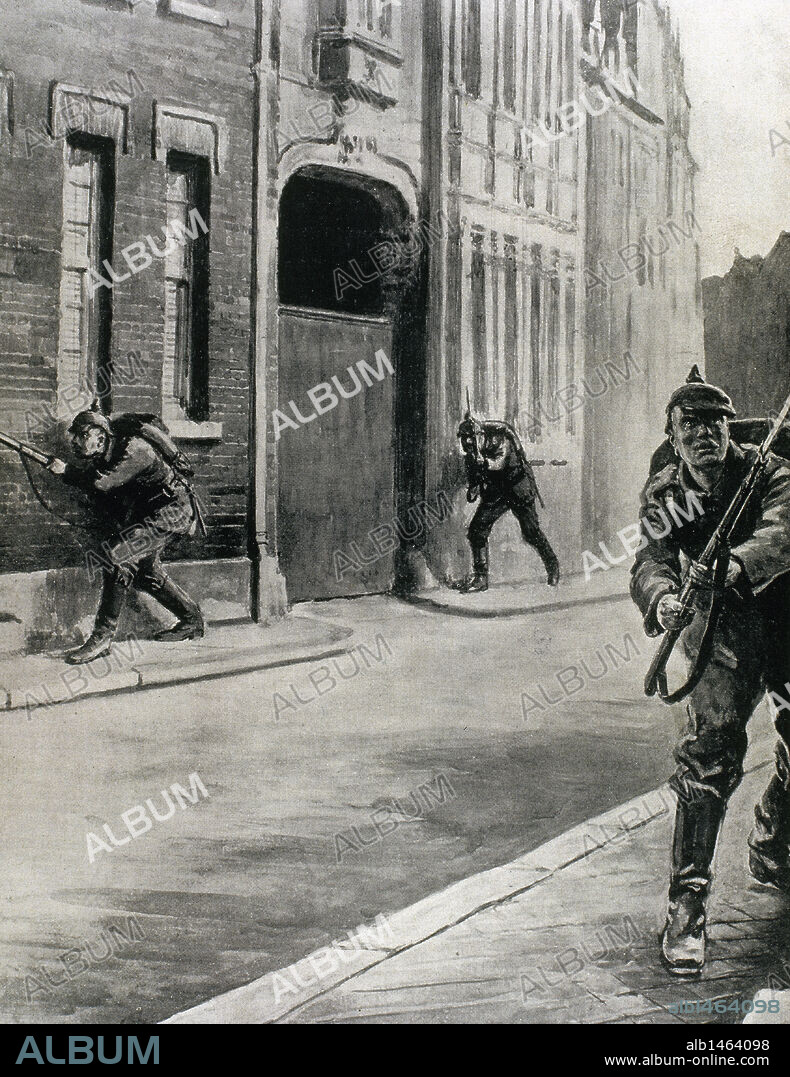 PRIMERA GUERRA MUNDIAL (1914-1918). "ENTRADA DE LAS TROPAS ALEMANAS EN LIEJA" Dibujo de Philip Dadd (1915) .