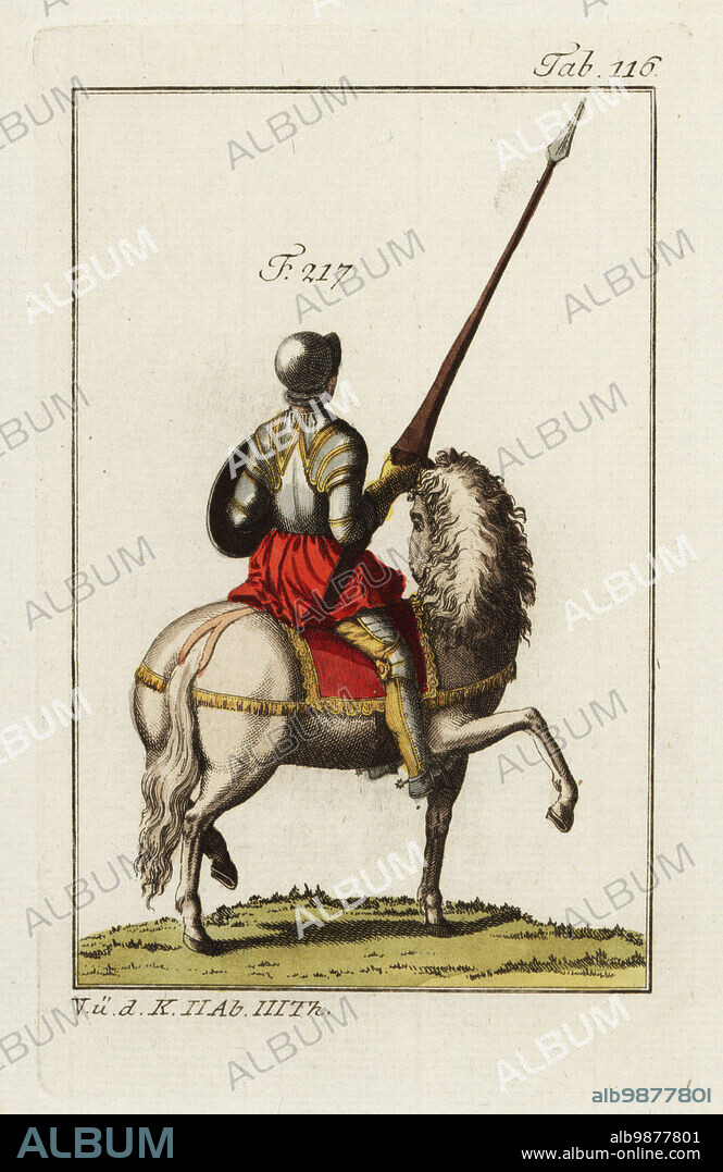 A mounted equerry in full armor with lance, shield and helmet depicted from behind 217. The knight's colors of crimson and gold are seen in the skirts and saddle. The equerry performed the role of shield-bearer to a knight. Copied from Marcus Vulson de la Colombieres Le vrai theatre dhonneur et de chevalerie, 1638. Handcolored copperplate engraving from Robert von Spalart's Historical Picture of the Costumes of the Principal People of Antiquity and Middle Ages, Vienna, 1802.