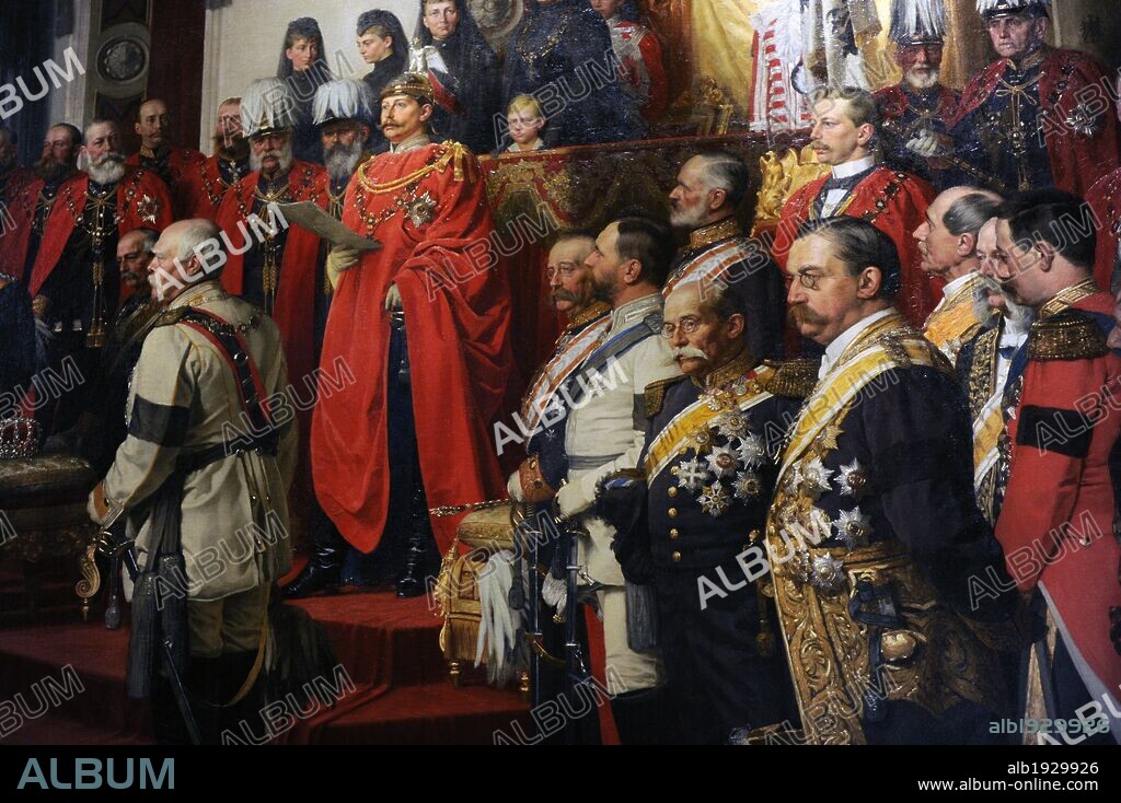 ARTE. S. XIX. ALEMANIA. ANTON VON WERNER (1843-1915). Pintor alemán. "LA APERTURA o INAGURACION DEL REICHSTAG ALEMAN (PARLAMENTO) EN EL SALON BLANCO DEL PALACIO DE BERLIN, POR EL KAISER GUILLERMO II, 25 JUNIO DE 1888" Guillermo II se ve leyendo un discurso, posteriormente a su coronación. Vestido de blanco, el canciller del Reich, OTTO VON BISMARCK. A la derecha del monarca, embajadores y representantes extranjeros. Museo Histórico Alemán (Deutsches Historisches Museum). Berlín. Alemania. Europa. Pieza cedida.