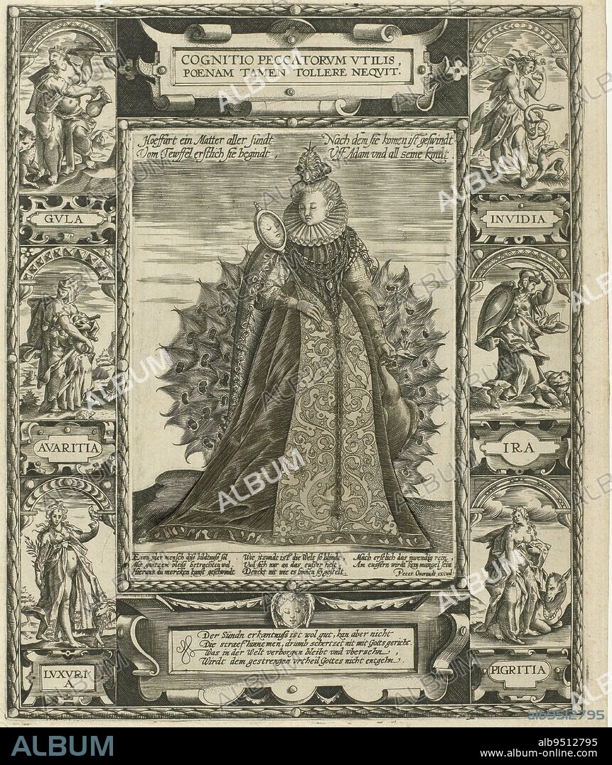 Superbia as a fashionably dressed lady, mirror in the right hand, her left hand resting on the head of the peacock, her attribute. The skirt of the dress is foldable. Below her lower body as a skeleton with Adam and Eve during the Fall. In frame depicting the personifications of the other six deadly sins: Gula, Avaritia, Luxuria, Invidia, Ira, Pigritia. Title in cartouche top centre. With inscription: Hoeffart ein Matter aller Sundt [...] all sein Kindt. The caption is an 8-line verse in German. In the bottom centre of the cartouche a four-line verse: Der Sündn erkantnuss ist wol gut, allegorie op de hoogmoed Cognitio peccatorum utilis, poenam tam tollere nequit., print maker: Conrad Goltz, (mentioned on object), Hendrick Goltzius, (copy after), publisher: Petrus Overraat, (mentioned on object), 1578 - 1597, paper, engraving, h 314 mm × w 253 mm.