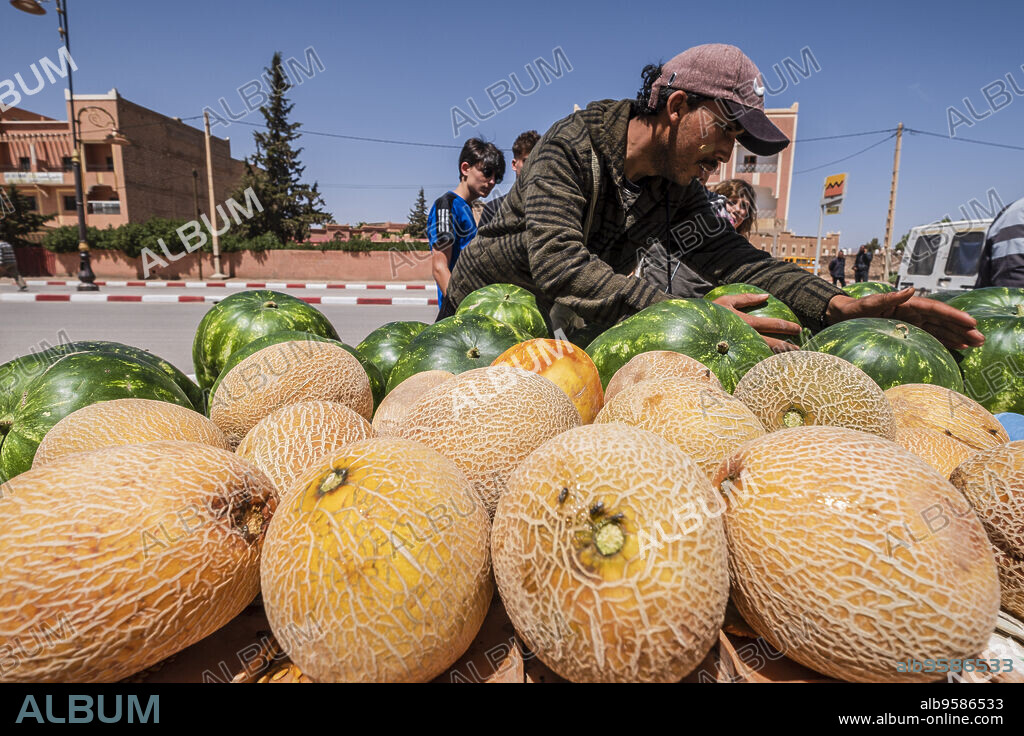 Tazenakht, street sale of melons and watermelons, morocco, africa.