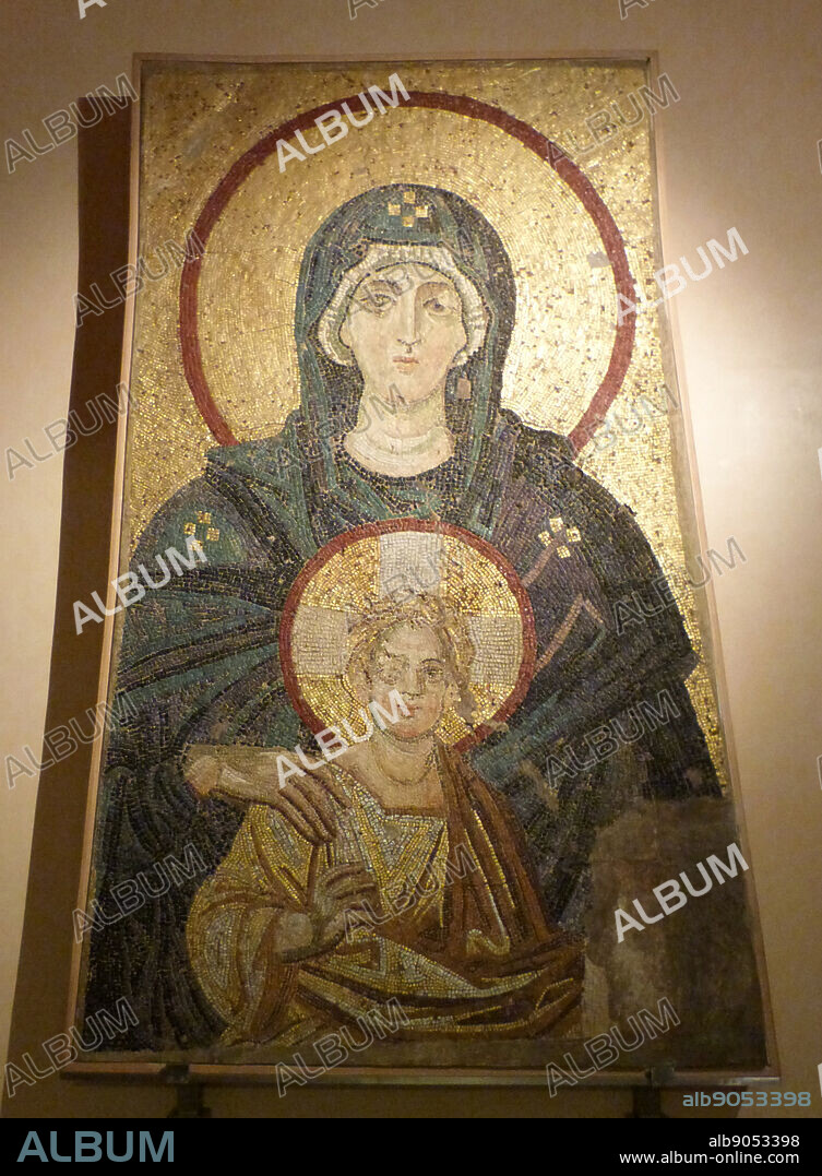 Enthroned Virgin and Child. Replica of the Apse Mosaic from the church of Hagia Sophia at Constantinople, 867AD.
