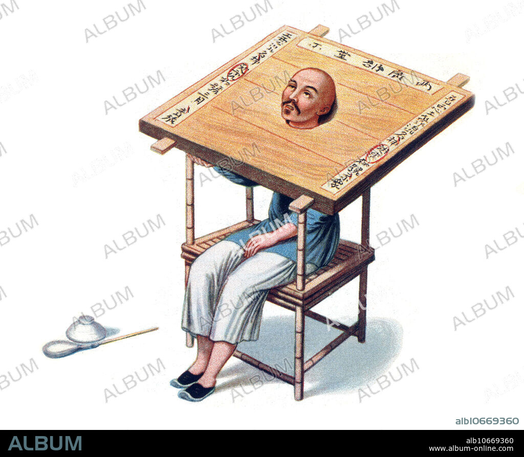 A cangue is a device that was used for public humiliation and corporal punishment in China and some other parts of East Asia and Southeast Asia until the early years of the 20th century. A typical cangue would consist of a large, heavy flat board with a hole in the centre large enough for a person's neck. The board consisted of two pieces. These pieces were closed around a prisoner's neck, and then fastened shut along the edges by locks or hinges. The opening in the centre was large enough for the prisoner to breathe and eat, but not large enough for a head to slip through. The prisoner was confined in the cangue for a period of time as a punishment. The size and especially weight were varied as a measure of severity of the punishment.