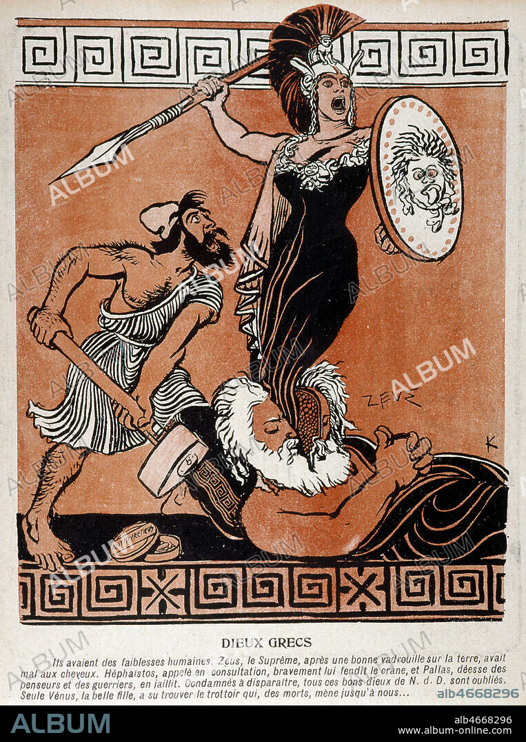 FRANTISEK KUPKA. 'Dieux grecs' : Pallas sortant de la tete de Zeus. Illustration publiee dans L'Assiette au Beurre du 7 mai 1905 sur le theme des religions par F. KUPKA (1871-1954)(ADAGP). Credit : Collection KHARBINE-TAPABOR.