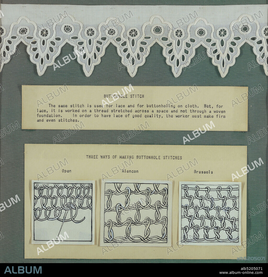 Buttonhole Stitch, white cotton on white linen; example of button-hole stitch, Study card: c/: cuff with Van Dyke edge cut in small scallops and worked in button-hole, overcasting, and loop stitches. See also: 1942-7-2-a, b which were originally a st with this object, and are deaccessioned., France, ca. 1890, costume & accessories, Cuff, Cuff.