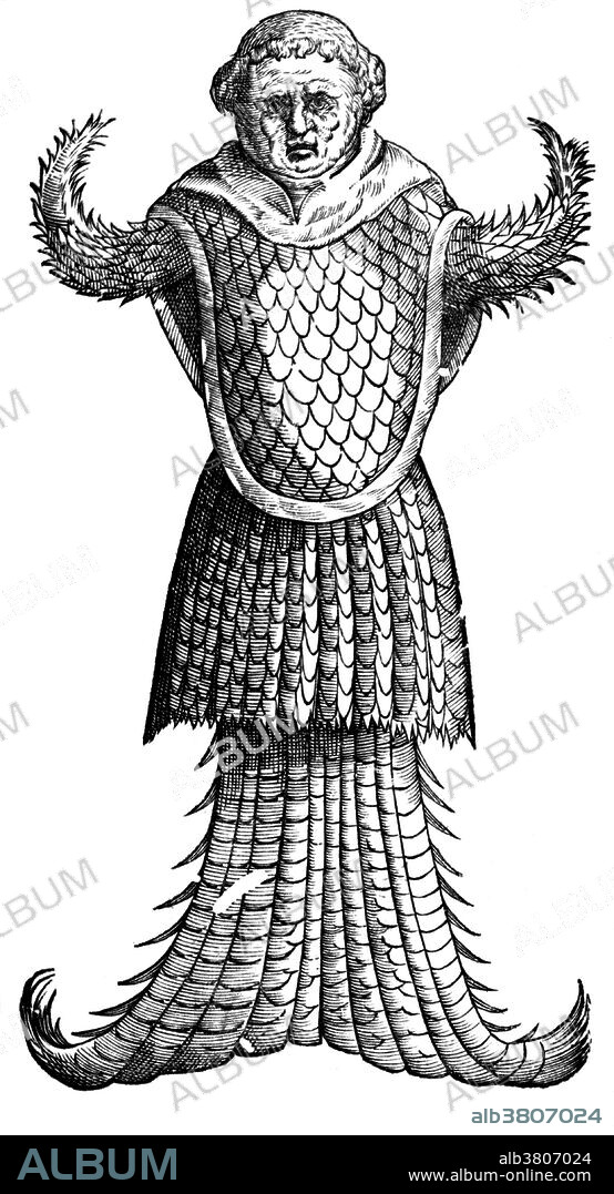 Monstrum Marinum effigie Monachi (Monster of the sea forms Monk) from Ulisse Aldrovandi's Monstrorum Historia, 1642. The sea monk, or sometimes monk-fish, was the name given to a sea animal found off the coast of Denmark in 1546. Sea monsters are sea-dwelling mythical or legendary creatures, often believed to be of immense size. Marine monsters can take many forms, including sea dragons, sea serpents, or multi-armed beasts. They can be slimy or scaly and are often pictured threatening ships or spouting jets of water. This particular sea monster.