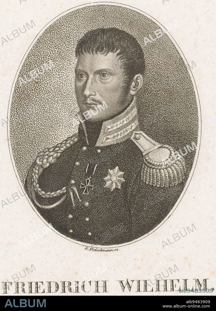 Portrait of Frederick William III, Friedrich Fleischmann, 1801 - 1834, print maker: Friedrich Fleischmann, (mentioned on object), publisher: Friedrich Campe, (mentioned on object), Neurenberg, 1801 - 1834, paper, engraving, h 182 mm - w 134 mm.