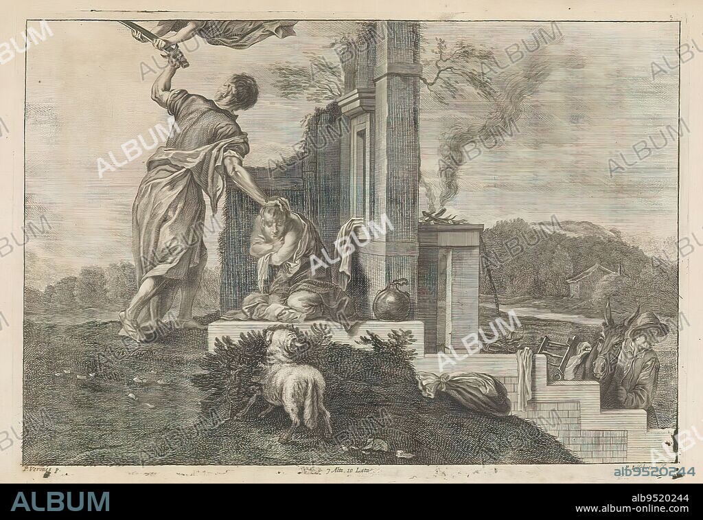 Sacrifice of Isaac, Abraham is about to sacrifice his son Isaac, but an angel grabs his sword to stop him. In front, the entangled ram that Abraham would next sacrifice in place of his son. On the right, their donkey. This print is part of an album., print maker: Peter van Liesebetten, (mentioned on object), after painting by: Paolo Veronese, (mentioned on object), publisher: David Teniers (II), print maker: Antwerp, after painting by: Italy, publisher: Brussels, 1660, paper, etching, engraving, height 225 mm × width 320 mm.