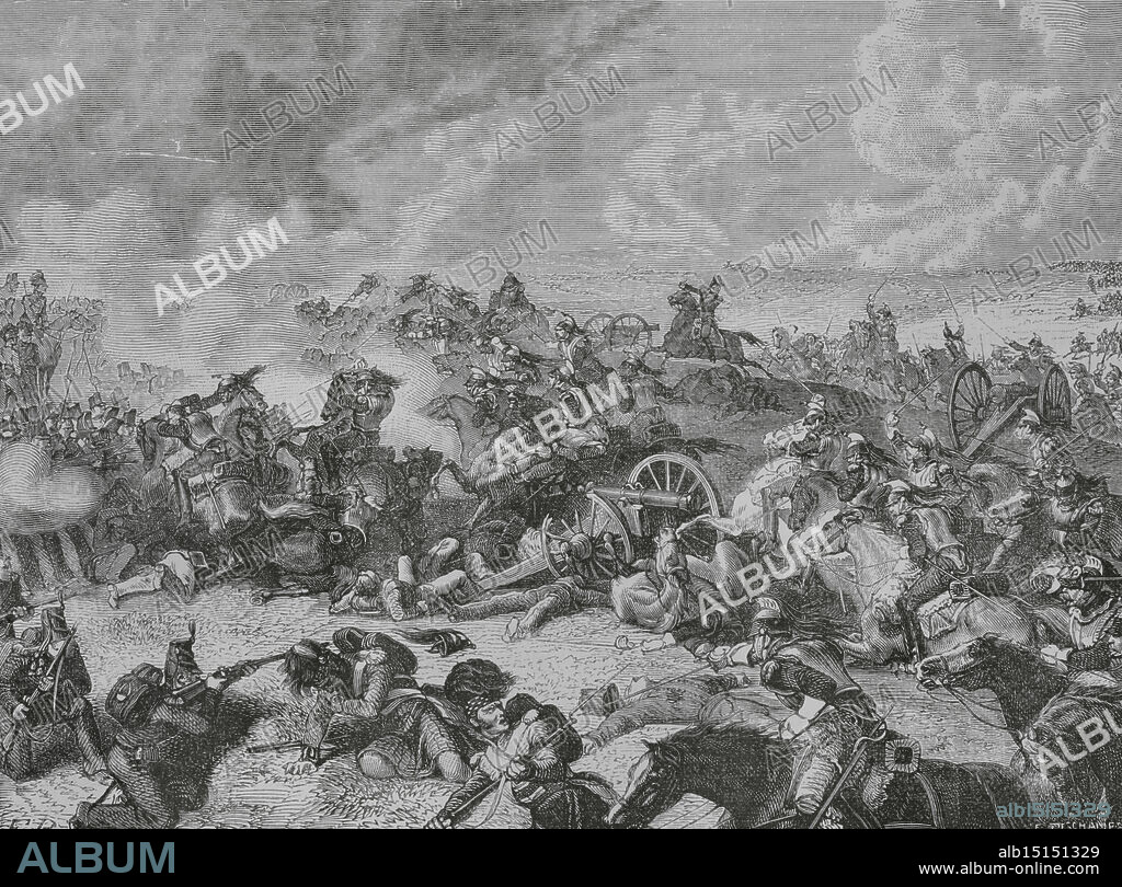 Batalla de Waterloo. Combate que tuvo lugar el 18 de junio de 1815 en la actual Bélgica, con victoria de la Séptima Coalición. El mariscal Ney, a la cabeza de los coraceros de la división Delort, carga contra la división inglesa del general Alten. Dibujo por Philippoteaux. Grabado por Deschamps. "Histoire du Consulat et de l'Empire" (Historia del Consulado y del Imperio), por A. Thiers. Tomo IV. Publicado en Barcelona, 1879.