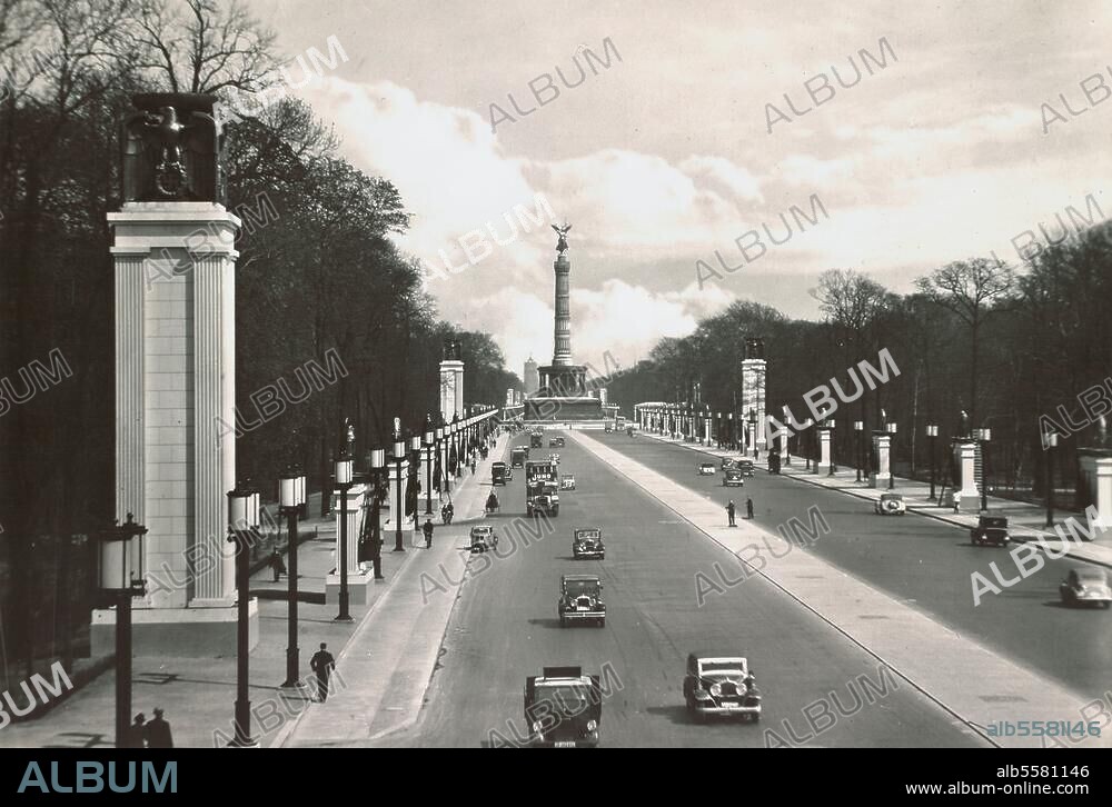 Berlin-Tiergarten, East-West-Axis (form. Charlottenburger Chaussee, today Straße des 17. Juni). View towards east onto the newly designed East-West-Axis (1938; Albert Speer and the Siegessäule. Photo postcard, c. 1939.