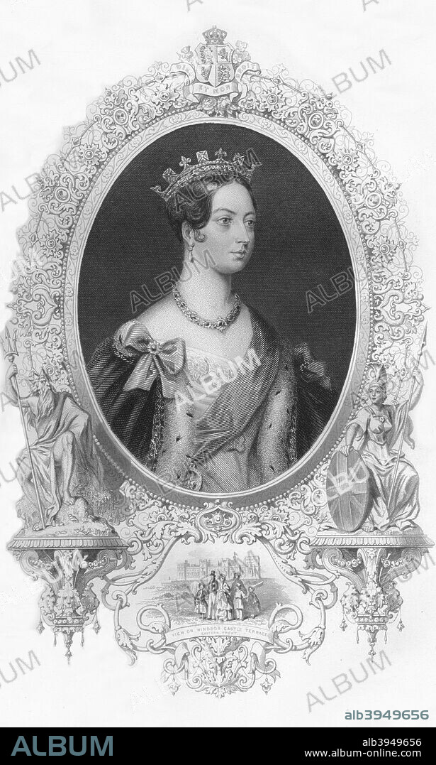 'Victoria', 1859. Queen of the United Kingdom of Great Britain and Ireland from 20 June 1837 until her death. She inherited the throne at 18 and became a national icon, identified with strict standards of personal morality. From The History of England Div XII by David Hume & Tobias Smollett. [Virtue & Co., London, 1859].