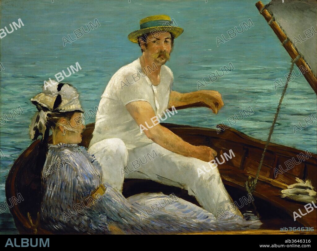 EDOUARD MANET. Boating. Artist: Édouard Manet (French, Paris 1832-1883 Paris). Dimensions: 38 1/4 x 51 1/4 in. (97.2 x 130.2 cm). Date: 1874.

Manet summered at Gennevilliers in 1874, often spending time with Monet and Renoir across the Seine at Argenteuil, where <i>Boating</i> was painted. Beyond adopting the lighter touch and palette of his younger Impressionist colleagues, Manet exploits the broad planes of color and strong diagonals of Japanese prints to give inimitable form to this scene of outdoor leisure. Rodolphe Leenhoff, the artist's brother-in-law, is thought to have posed for the sailor but the identity of the woman is uncertain.
Shown in the Salon of 1879, <i>Boating</i> was deemed "the last word in painting" by Mary Cassatt, who recommended the acquisition to the New York collectors Louisine and H.O. Havemeyer.