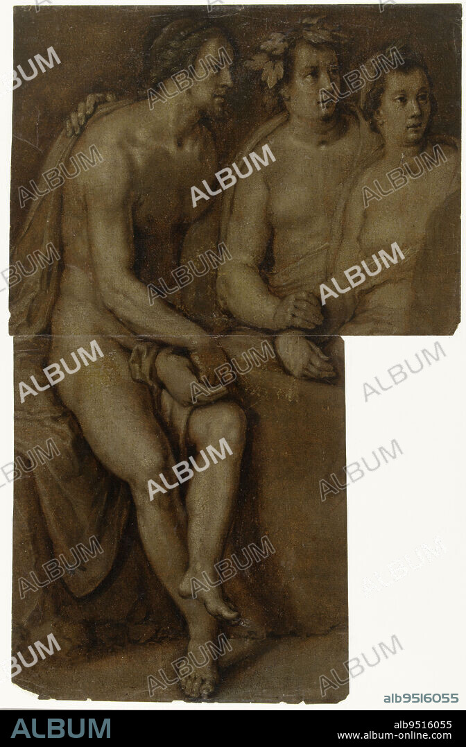Studies of a seated naked man and two women, at half life, draughtsman: Cornelis Cornelisz. van Haarlem, after: anonymous, 1620 - 1625, paper, h 188 mm × w 257 mm × h 209 mm × w 191 mm.