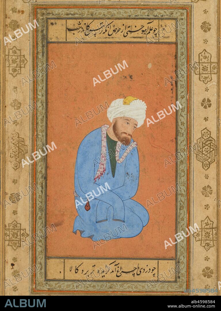Portrait of a kneeling holy man, from the Prince Salim Album, c. 1556-60; border c. 1602. One of the few surviving works that appear to have been made by an artist brought from Iran by Akbar?s father, Humayun, shortly after his arrival in Mughal India, this page was mounted into the Prince Salim Album in his breakaway court in Allahabad. The flowing lyrical contour lines, penetrating expression, and soft yet wiry texture of the beard reveal the hand of a master. The verse written above and below the painting is a quotation from a poetic sermon of the Persian author Sana?i, who lived about 1100: If it were greed that led you to acquire learning, then be afraid, For at night, a thief with a torch can take away the choicest goods! The calligraphy suggests that the kneeling figure is a charlatan holy man who wears the blue robe of a Sufi mystic and acts with humility and piety for monetary gain rather than sincerity of devotion.