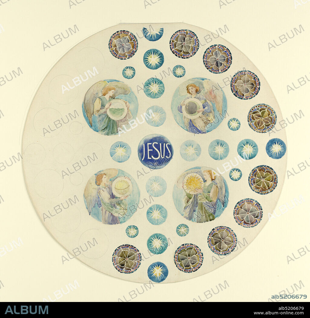 Study for Rose Window for St. John the Baptist Church, Brooklyn, NY, Leon Dabo, American, 18681960, Brush and watercolor, graphite on paper, laid down on illustration board, Circular medallions of four figures representing the earth, water, fire, and air. Other medallions with sunburst and geometrical flower forms. Medallion in center inscribed: JESUS, USA, 1902, glasswares, Drawing, Drawing.