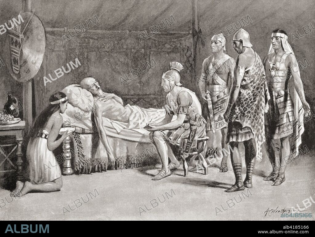 Scipio at the deathbed of Masinissa, 148 BC.  Masinissa, aka Masensen, c.238 - 148 BC.  First King of Numidia.  Publius Cornelius Scipio Africanus, 236-183 BC, aka Scipio the African, Scipio Africanus-Major, Scipio Africanus the Elder and Scipio the Great.  Roman general and later consul.  From Hutchinson's History of the Nations, published 1915.