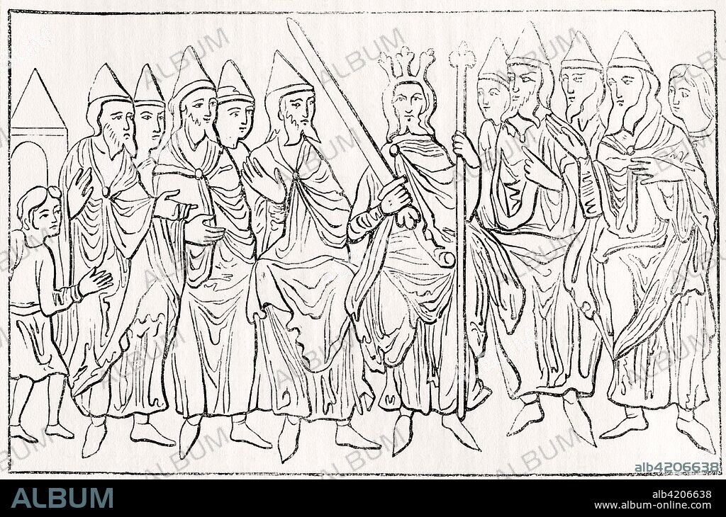 The king presiding the Witena?emot, aka the Witan.  A medieval  political institution which operated in Anglo-Saxon England, the Witenagemot was an assembly of the ruling class whose primary function was to advise the king and whose membership was composed of the most important noblemen in England, both ecclesiastic and secular. From Old England: A Pictorial Museum, published 1847.
