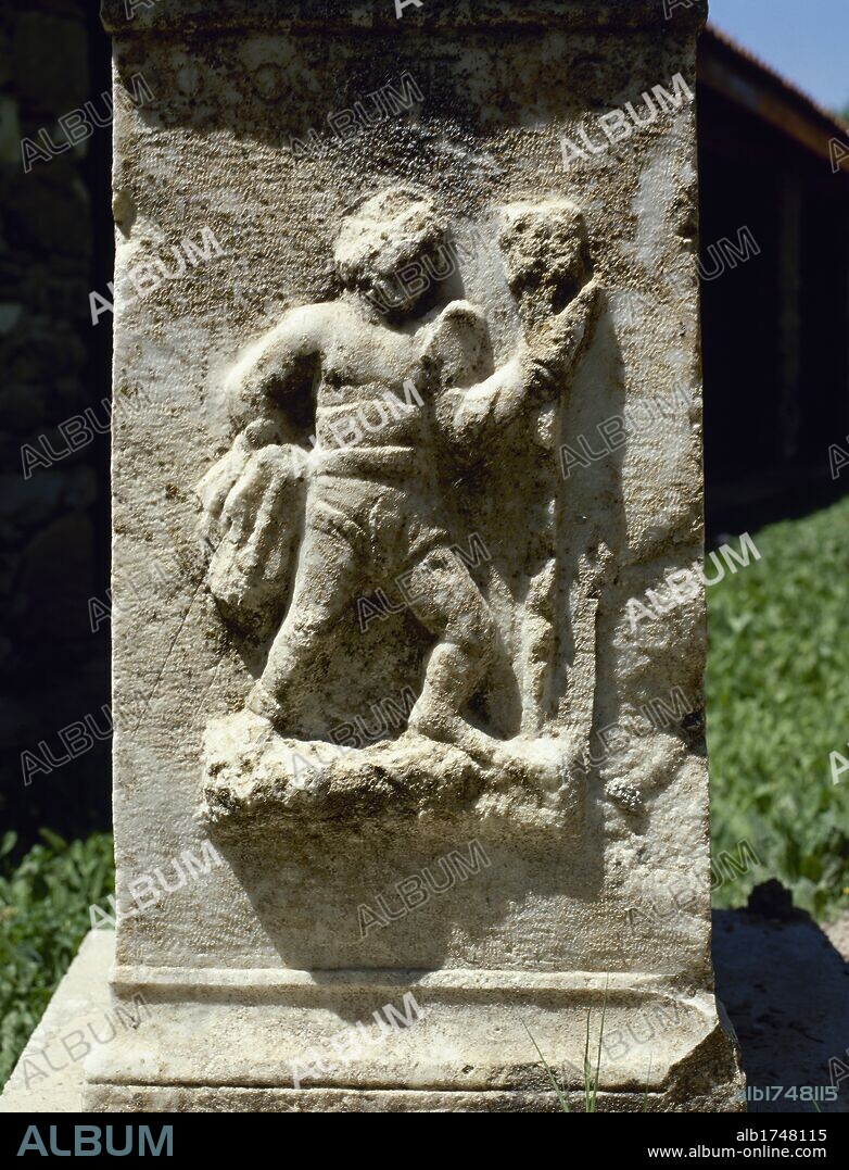 Relief of a Retiarius, type of Roman gladiator. Equipment: Weighted net (rete), trident (tridens), dagger (Pugio), arm guard (manica), Shoulder guard (galerus) and loincloth (subligaculum). Aphrodisias. Anatolia, Turkey.