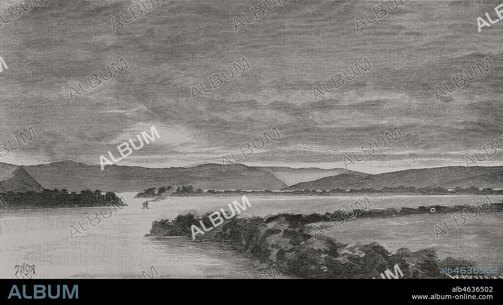 Historia de Africa. Siglo XIX. Panorámica del Lago Stanley desde el Monte Leopoldo. Grabado por W. Meyer. El Congo y la Creación del Estado Independiente de este nombre. Historia de los Trabajos y Exploraciones Verificados, por Enrique M. Stanley. Editada en Barcelona, hacia 1890. España.