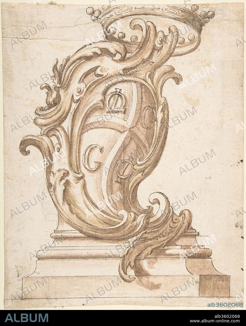 Design for a Cartouche on a Base, Surmounted by a Crown, with Arms with the Initials OL, G, G, and OI. Artist: Anonymous, Italian, Piedmontese, 18th century. Dimensions: 9 1/2 x 7 5/8 in. (24.2 x 19.3 cm). Date: 1700-1780.