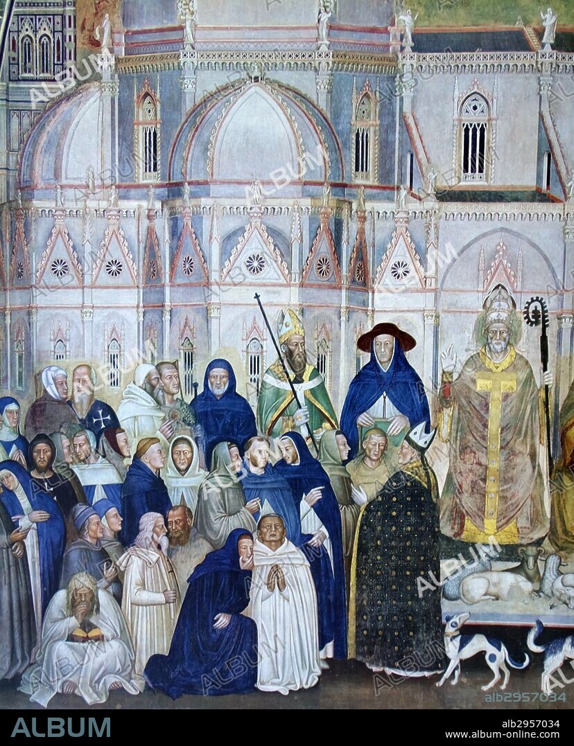 Fresco depicting the Dominican Order painted by the Italian artist Andrea da Firenze. The painting depicts the hierarchy of power in the Church. Fresco is located in the Spanish Chapel, Florence. Dated 13th Century.