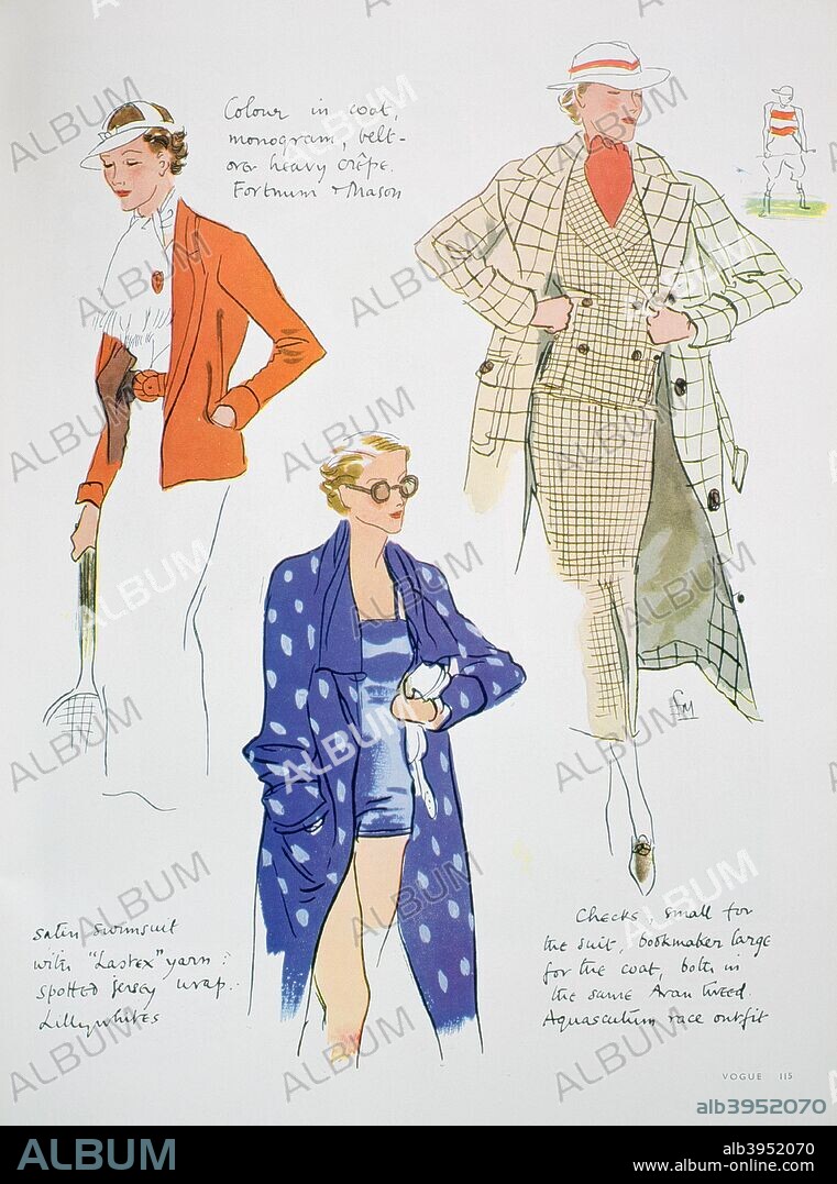 Fashion illustration, 1935. Designs from Aquascutum, Fortnum & Mason and Lillywhites. A print from Vogue, 1st May 1935.  Rights information: Cleared for Editorial Use Only. Please Contact Us For Any Other Clearance Rights.