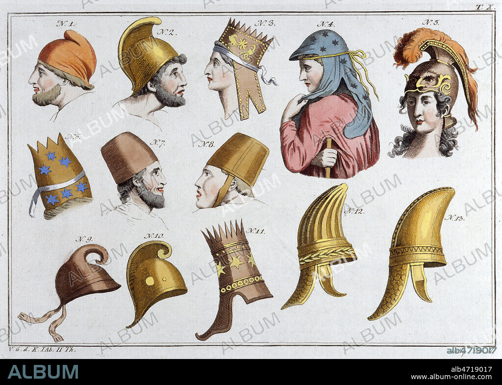 1 : bonnet des peuples barbares. 2 : casque phrygien. 3 : Tygrane, roi d'Armenie. 4 : coiffe phrygienne. 5 : casque des Amazones. 6 : bonnet d'un prince armenien. 7 : bonnet des Daces. 8 : casques des Sarmates. 9 : casque d'Ajax. 10 : casque d'Enee. 11 : tiare des rois Parthes. 12 et 13 : casques des peuples barbares. Planche tiree de l'ouvrage de SPALLART 'Tableau historique des costumes, des moeurs et des usages des principaux peuples' publie en 1810. Credit : Collection Grob/KHARBINE-TAPABOR.