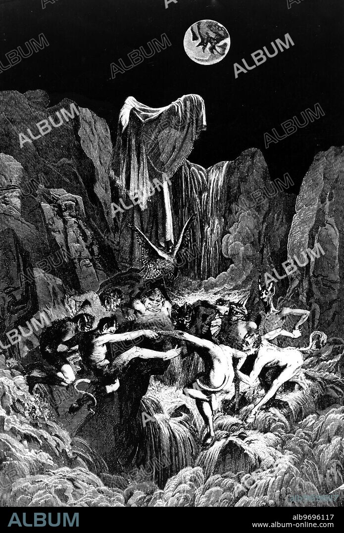 The Divine Comedy written by Dante Alighieri between 1308 and his death in 1321 . Engraving by Gustave Doré - Scene from Dante's Inferno 1861 - 1868.