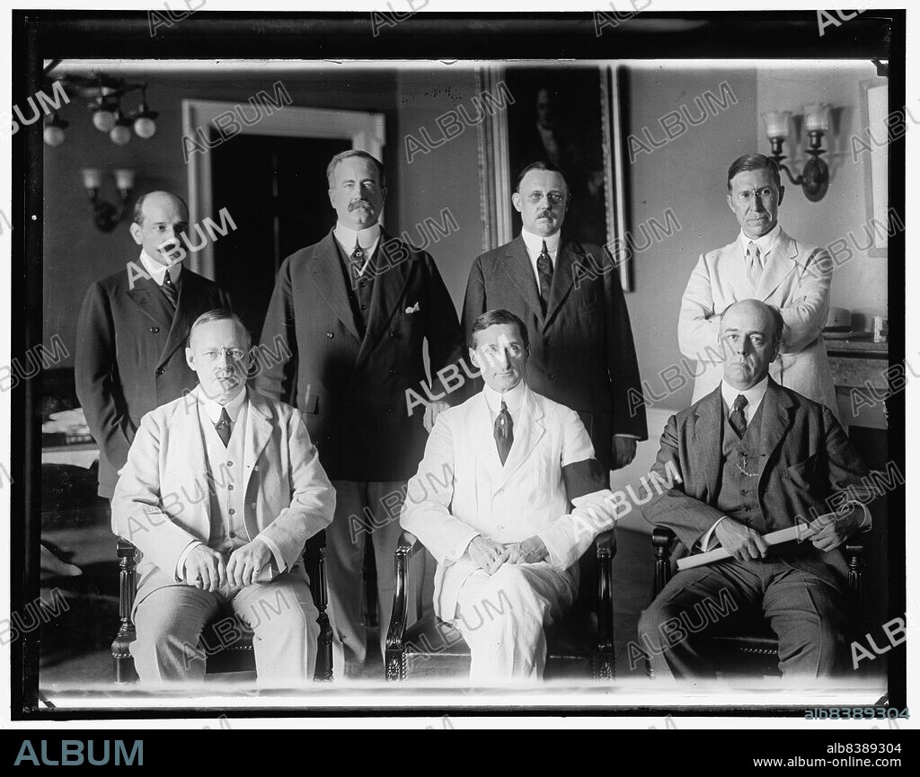 HARRIS & EWING. Group: William Gibbs McAdoo, center front, between 1910 and 1920. American lawyer and politician William Gibbs McAdoo Jr. was the husband of Eleanor Wilson McAdoo, (daughter of president Woodrow Wilson). He is pictured wearing a black armband, a sign of mourning.