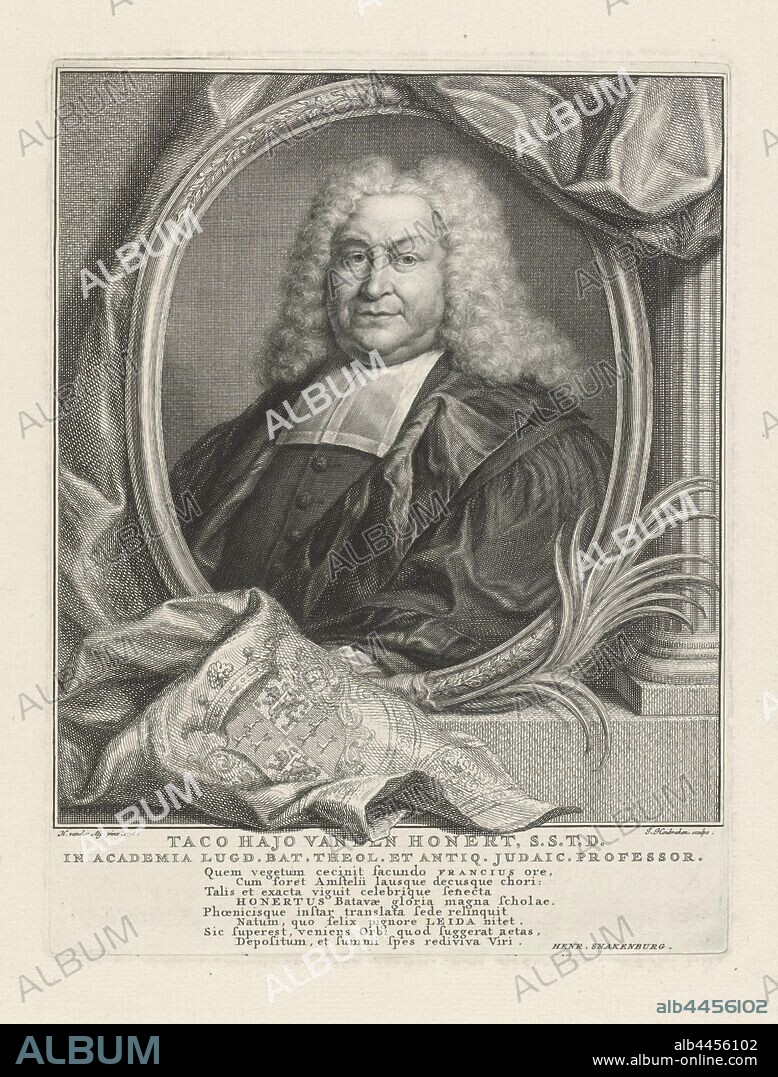 Portrait of Taco Hajo van den Honert Taco Hajo van den Honert, S.S.T.D (title on object), bust to the left of Taco Hajo van den Honert in an oval medallion. Around the portrait a drapery with his family crest. The portrait rests on a plinth with a column on the right. Below the portrait his name in two lines in Latin and below that eight lines in Latin, Taco Hajo van den Honert, Jacob Houbraken (mentioned on object), Amsterdam, 1736 - 1755, paper, etching, h 227 mm × w 171 mm.