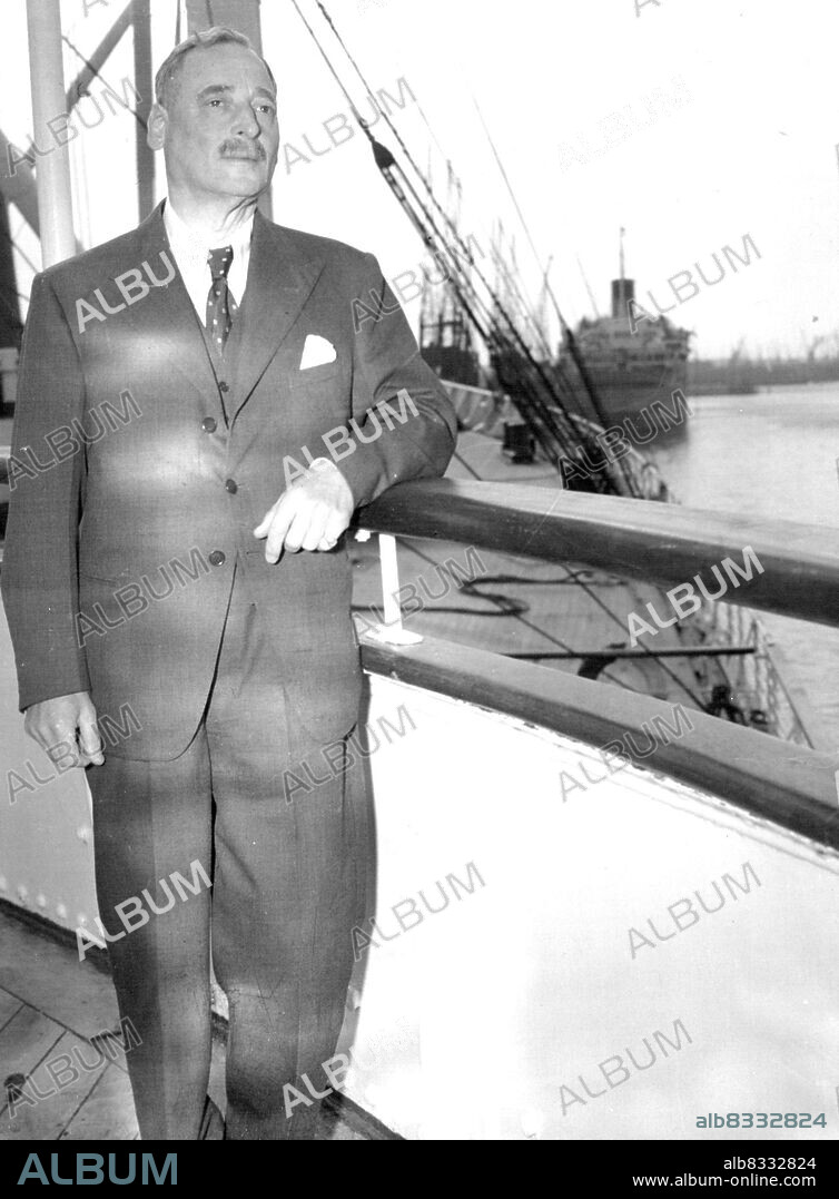 Sir Ernest Oppenheimer Arrives -- Sir Ernest Oppenheimer, the driving force behind De Beers Diamonds, whose grand daughter presented Princess Elizabeth with a gift of jewels, is seen on arrival from South Africa aboard "Capetown Castle" at Southampton, June 13th,1947. June 13, 1947. (Photo by Associated Press Photo).