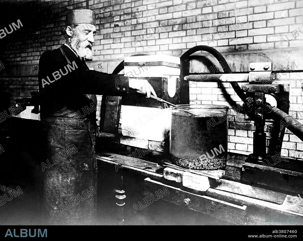 Moissan trying to create synthetic diamonds using an electric arc furnace. Ferdinand Frederick Henri Moissan (September 28, 1852 - February 20, 1907) was a French chemist. He published his first scientific paper about the carbon dioxide and oxygen metabolism in plants, 1874. He left plant physiology and turned towards inorganic chemistry. During the 1880s he focused on fluorine chemistry. He succeeded in preparing fluorine in 1886 by the electrolysis of a solution of potassium hydrogen difluoride in liquid hydrogen fluoride. The device was built with platinum/iridium electrodes in a platinum holder and the apparatus was cooled to -50 Â°C. The result was to completely isolate the hydrogen produced from the negative electrode from the fluorine produced at the positive one. For this achievement, he was awarded the Nobel Prize in 1906. Moissan died suddenly in 1907, his death was attributed to an acute case of fluoriditis. It is clear that his experiments with fluorine contributed to his early death like others in his area of study.