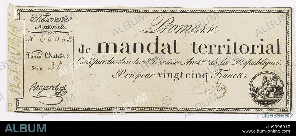 Promesse de mandat territorial de 25 francs, série 32 - n° 66663, 28 Ventôse an 4, Trésorerie nationale, Autorité émettrice, Gatteaux, Nicolas Marie, Graveur, Bugarel, Signataire, Vers 1796, Numismatics, Manuscripts, prints, binding, Mandat territorial, Height: 8.8 cm, Width: 23.2 cm.