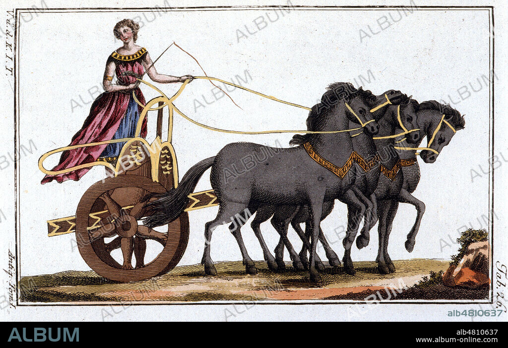 'Char des grecs'. CYNISCA la premiere femme sparte ayant remporte les Jeux Olympiques . Illustration tiree de l'ouvrage de Robert SPALLART 'Tableau historique des costumes, des moeurs et des usages des principaux peuples', publie en 1810 (19e, 19eme, XIXe s.) Credit : Collection Grob/KHARBINE-TAPABOR.