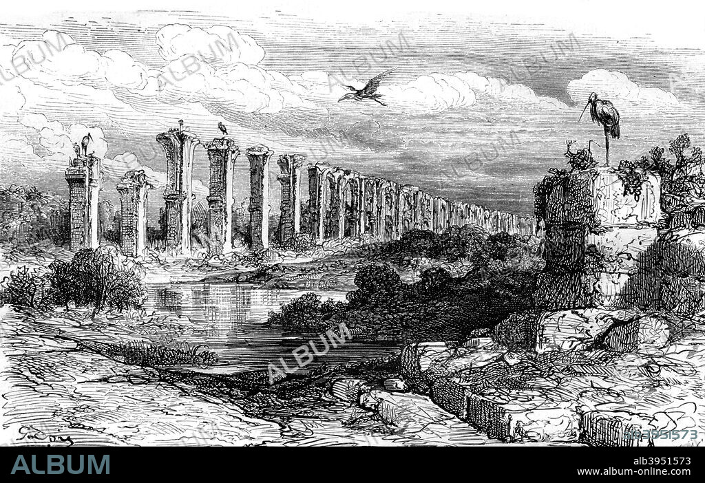 Roman aqueduct, Merida, Spain, 19th century. Built during the reign of Hadrian, (117-138 AD), Los Milagros (The Miracles) brought water to Merida from three miles away.