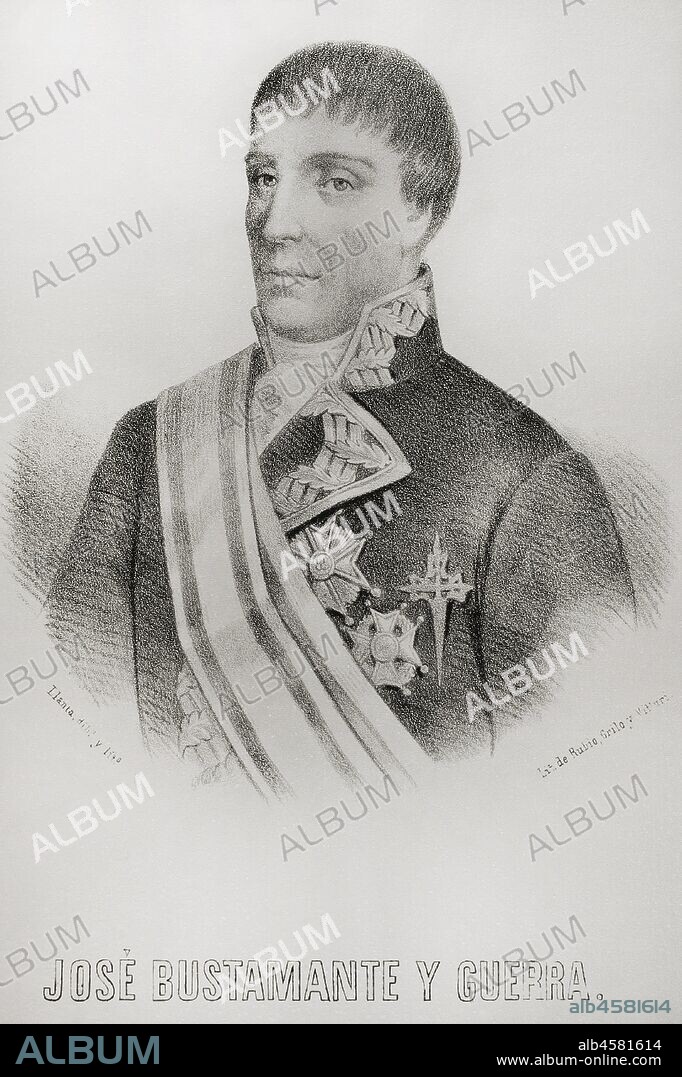 JosŽ de Bustamante y Guerra (1759-1825). Spanish naval officer and explorer. Lieutenant general of the Spanish Navy. Governor of Montevideo (1797-1804) and captain-general of Guatemala (1811-1818). Illustration by Llanta. Lithography. Cr—nica General de Espa–a, Historia Ilustrada y Descriptiva de sus Provincias. Castilla-La Vieja, 1870.