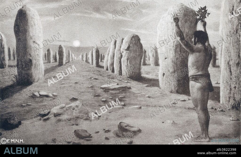 Postcard entitled: "Sun worship Carnac Alignment, France". The Carnac stones are an exceptionally dense collection of megalithic sites around the French village of Carnac, in Brittany, consisting of alignments (a linear arrangement of upright, parallel megalithic standing stones set at intervals along a common axis or series of axes), dolmens (single-chamber megalithic tomb), tumuli (mound of earth and stones raised over a grave or graves) and single menhirs (a large upright standing stone). More than 3,000 prehistoric standing stones were hewn from local rock and erected by the pre-Celtic people of Brittany, and are the largest such collection in the world. The stones were erected at some stage during the Neolithic period, probably around 3300 BC, but some may date to as old as 4500 BC. In 1887, H. de Cleuziou argued for a connection between the rows of stones and the directions of sunsets at the solstices. There are also theories on the use of the stones as astronomical observatories, as has been claimed for Stonehenge.