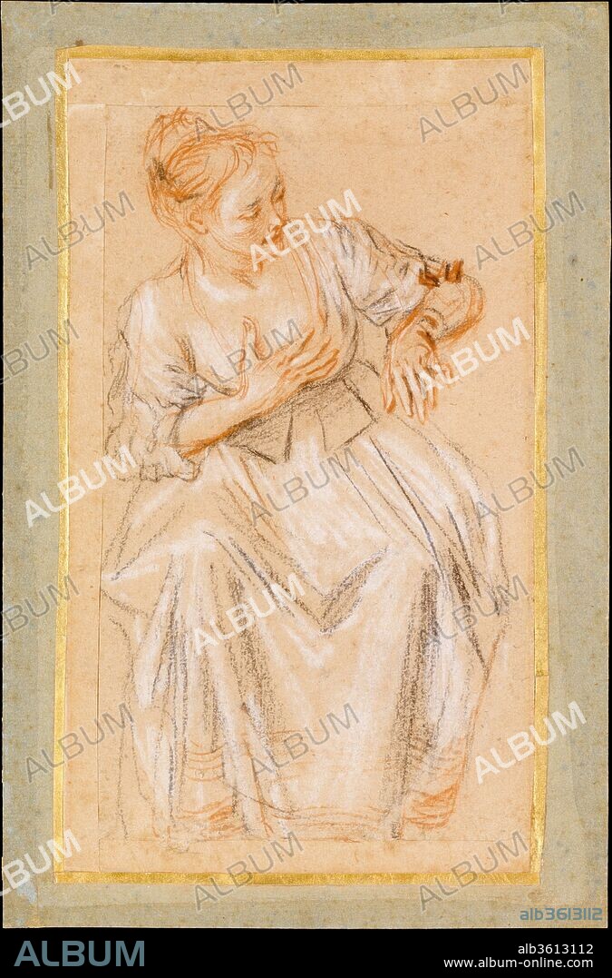 Seated Woman. Artist: Antoine Watteau (French, Valenciennes 1684-1721 Nogent-sur-Marne). Dimensions: 9 7/16 x 5 7/16 in.  (24 x 13.8 cm). Date: 1716-17.
One of the most brilliant and innovative draftsmen of the eighteenth century, Watteau was an early exponent of the "trois-crayons" or "three-chalk" technique, which allowed his drawings to approach the rich coloristic effects of painting. This fetching study of a seated woman is a consummate example of his mastery of the technique. Freely mixing red, black, and white chalk, he captured the young woman's loosely pinned-up hair, luminous flesh tones, and the sheen of her dress. The Lehman sheet is not known to be a preparatory study for a painting, but the model does reappear in at least one other drawing by the artist. Her gesture is not easily understood, although her elegance and charming lack of self-consciousness come through clearly.