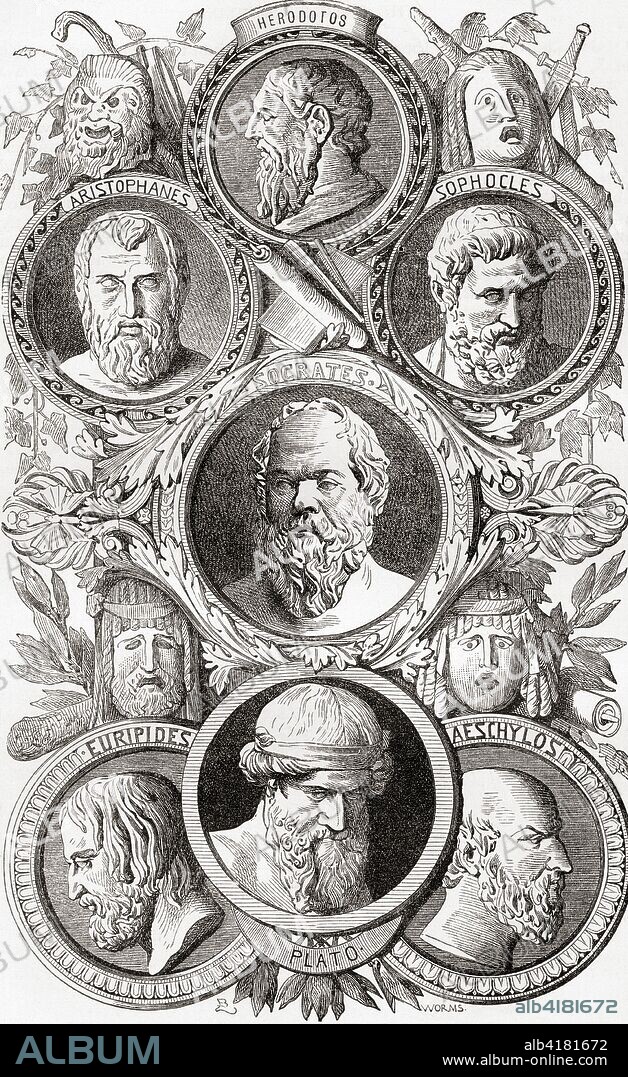 Historians, Philosophers and Dramatists of ancient Greece.  Aristophanes, c. 446 - c. 386 BC. Comic playwright.  Herodotus, Greek historian.  Sophocles, c. 497/6 - c. 406/5 BC.  Ancient Greek dramatist.  Socrates, 470/469 - 399 BC.  Classical Greek philosopher.  Euripides, c. 480 - c. 406 BC.  Ancient Greek dramatist.  Plato, c. 428/423 - c. 348/347 BC.  Ancient Greek  philosopher. Aeschylus, c. 525/524 - c. 456/455 BC.  Ancient Greek dramatist.  From Ward and Lock's Illustrated History of the World, published c.1882.
