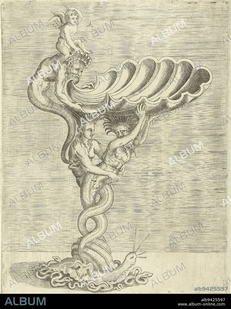 The mermaid and merman stand with intertwined tails on a snail shell. On the shoulders of a second merman supporting the shell sits Amor. Belonging to a series consisting of a title page and 20 leaves., Bowl in the form of a shell, supported by a mermaid and a merman Vases, jugs and bowls with grotesques (series title), print maker: Balthazar van den Bos, Cornelis Floris (II), publisher: Hieronymus Cock, Netherlands, (possibly), 1548, paper, engraving, h 224 mm × w 168 mm.