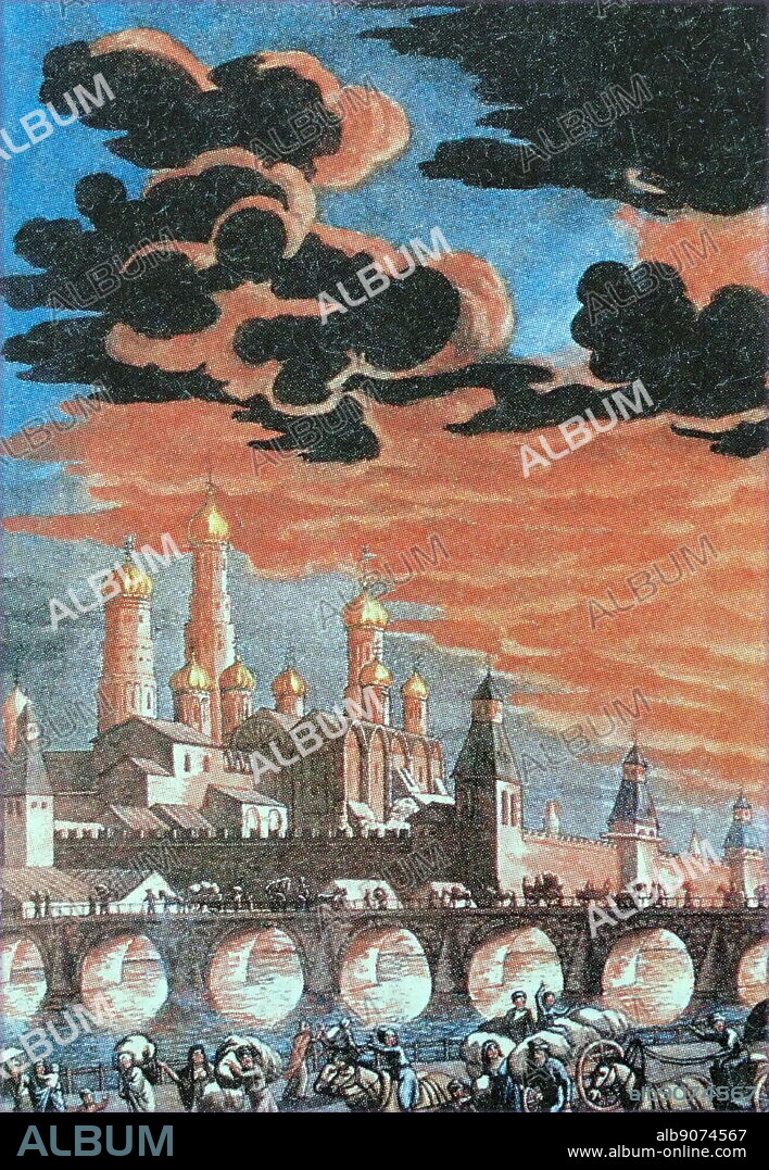 The great Moscow fire of 1812. Print by I. Klar [1768-1844]. The 1812 Fire of Moscow persisted from 14 to 18 September 1812 and all but destroyed the city. The Russian troops and most of the remaining residents had abandoned the city of Moscow on the 14 September 1812 just ahead of French Emperor Napoleon's troops entering the city.
