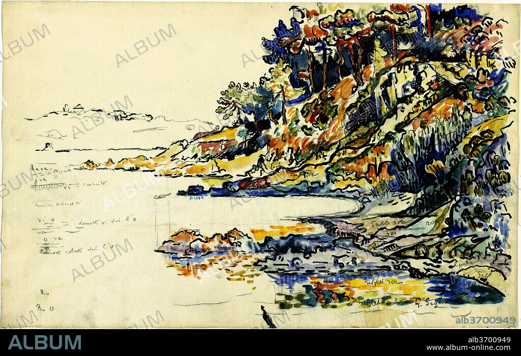 PAUL SIGNAC. The Calanque at Saint Tropez. Dated: 1906. Dimensions: overall: 28 x 43.7 cm (11 x 17 3/16 in.). Medium: watercolor and graphite on laid paper.